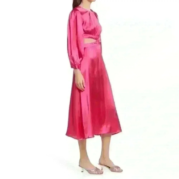 Rahi Cierra Dress Women's small  Fuchsia Satin Midi Cutout Balloon Sleeve new - Picture 2 of 6